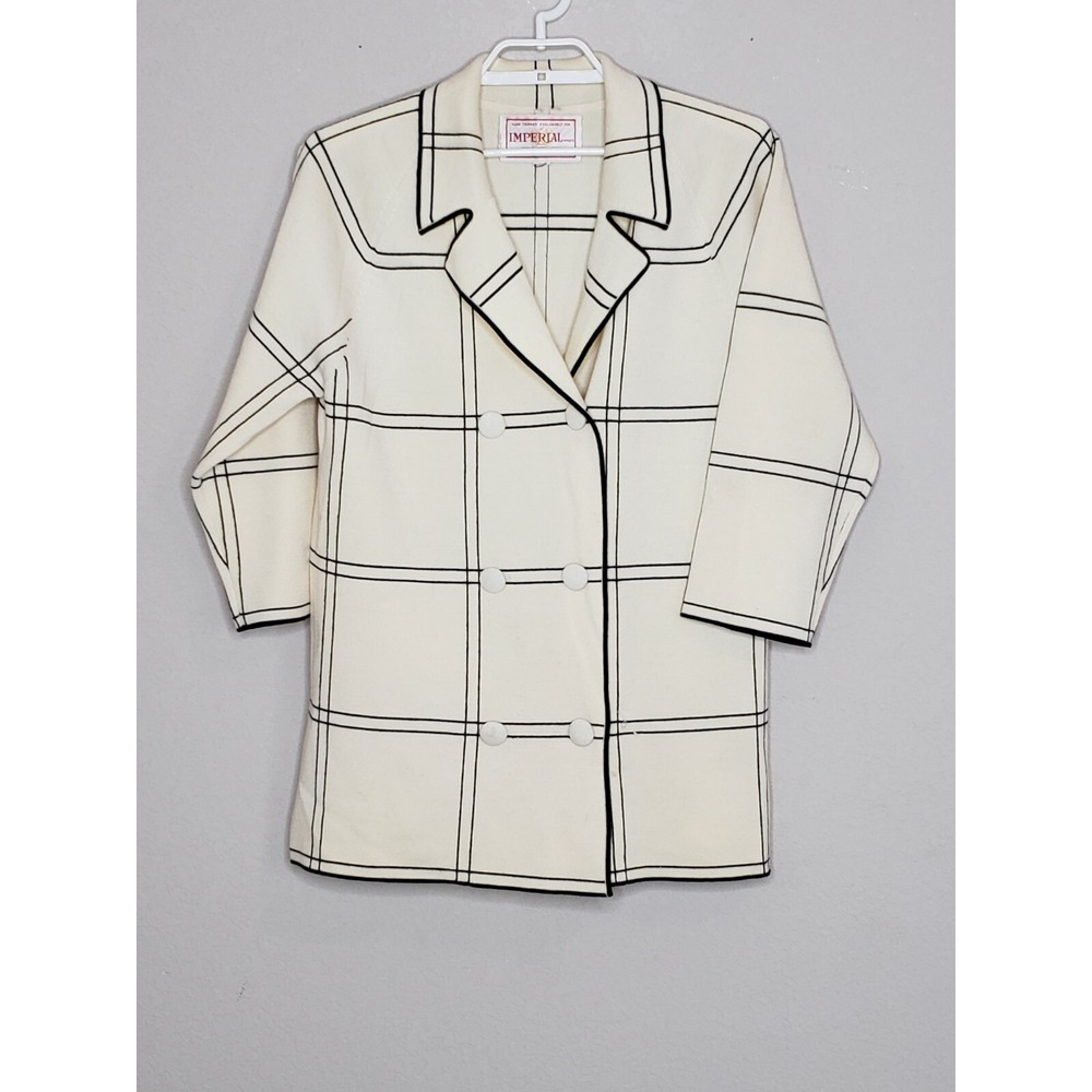 Vintage Imperial Womens Sweater Cardigan Lg 3/4 Sleeve Cream Black Window Pane